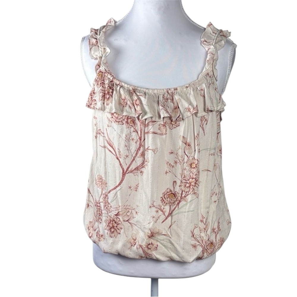 Maurices Floral Ruffle Blouse - Cream and Pink With Bubble Hem